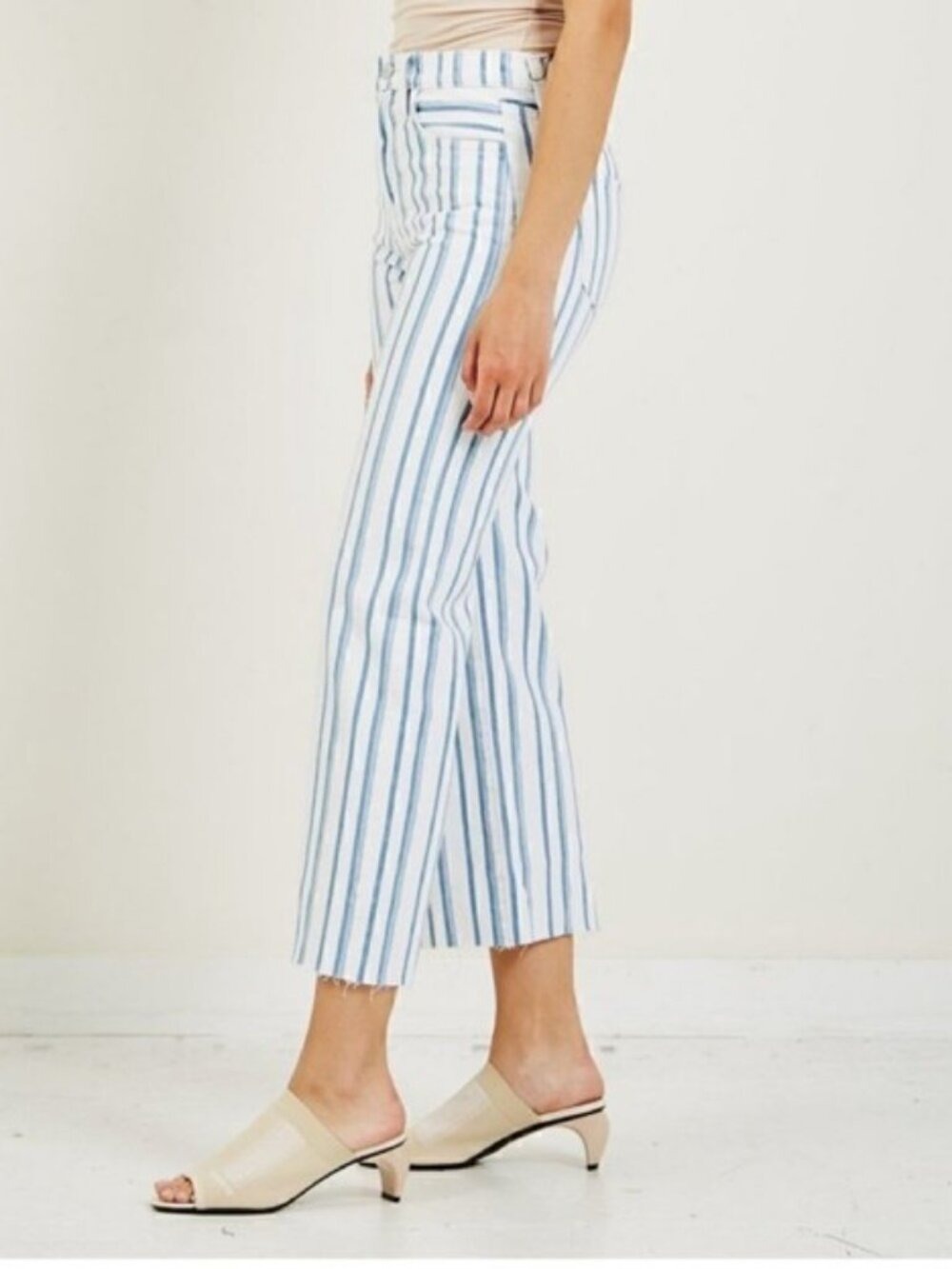 Joe's Jeans The Blake Striped Wide-Leg Cropped Jeans Raw Hem White Blue 30